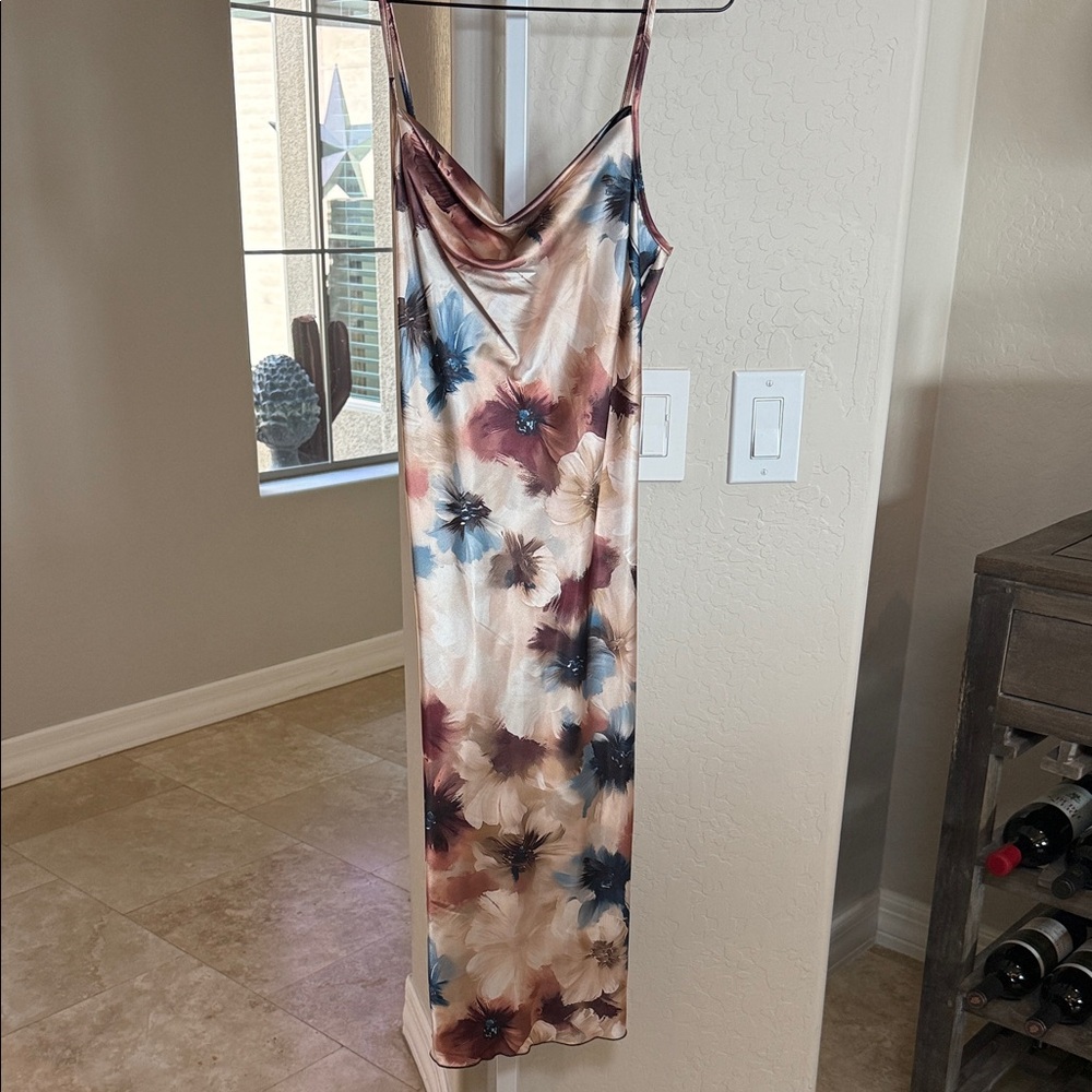 bebe Floral Slip Maxi Dress in Cream, Blue, and Brown